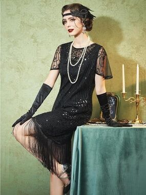 NWT SWEETV 1920s Flapper Dress + Accessories Fringe Sequins Costume 20s Size S
